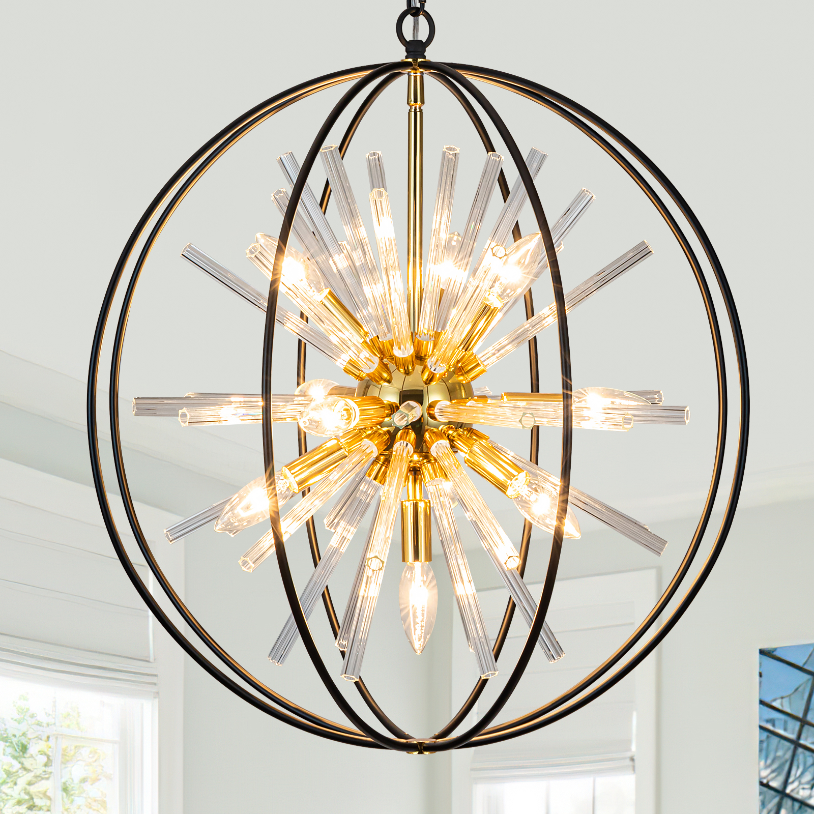 1 Modern Large Black and Gold Crystal Chandelier for Entryway High Ceiling D35" 20-Light Entry Firework Chandeliers Globe Pendant Lights for Foyer Stairway Hallway Dining Room Living Room High Ceiling - Image 1