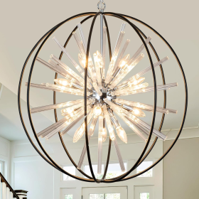 Modern Black Crystal Chandelier for Entryway Foyer High Ceiling D28" 12-Light Black Globe Chandelier Contemporary Hanging Light Fixture for Dining Room Kitchen Living Room Hallway Stairway
