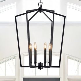 Modern Black Farmhouse Lantern Chandelier for Entryway Foyer D25 Inch 6-Light Industrial Light Fixture Adjustable Dimmable for Dining Room Kitchen Island Hallway Stairway