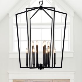 Modern Large Black Lantern Foyer Entryway Chandelier D30 Inch 12-Light Modern Industrial Pendant Light for High Ceiling, Dining Room, Kitchen Island, Hallway, Staircase